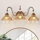 Vintage Bathroom Vanity Light, 3-Light Matte Antique Brass Finish Wall Sconce with Hanging Crystal Accents and Flower-Shaped 