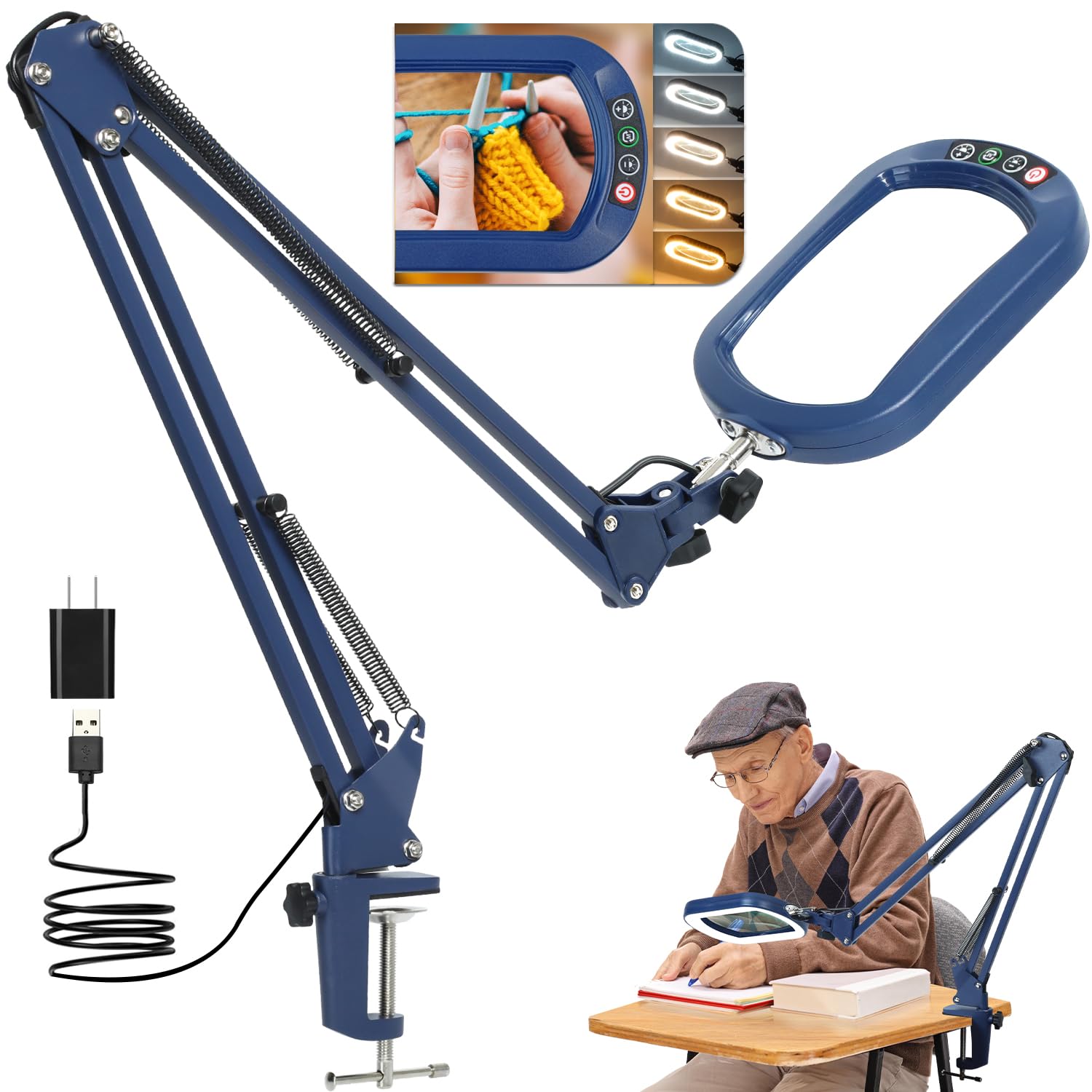 Photo 1 of 10X Rectangle Magnifying Glass with Light and Clamp, 5 Color Modes Stepless Dimmable, Lighted Magnifier with Stand Hands Free, Flexible Swing Arm LED Desk Lamp for Close Work, Craft, Reading - Blue