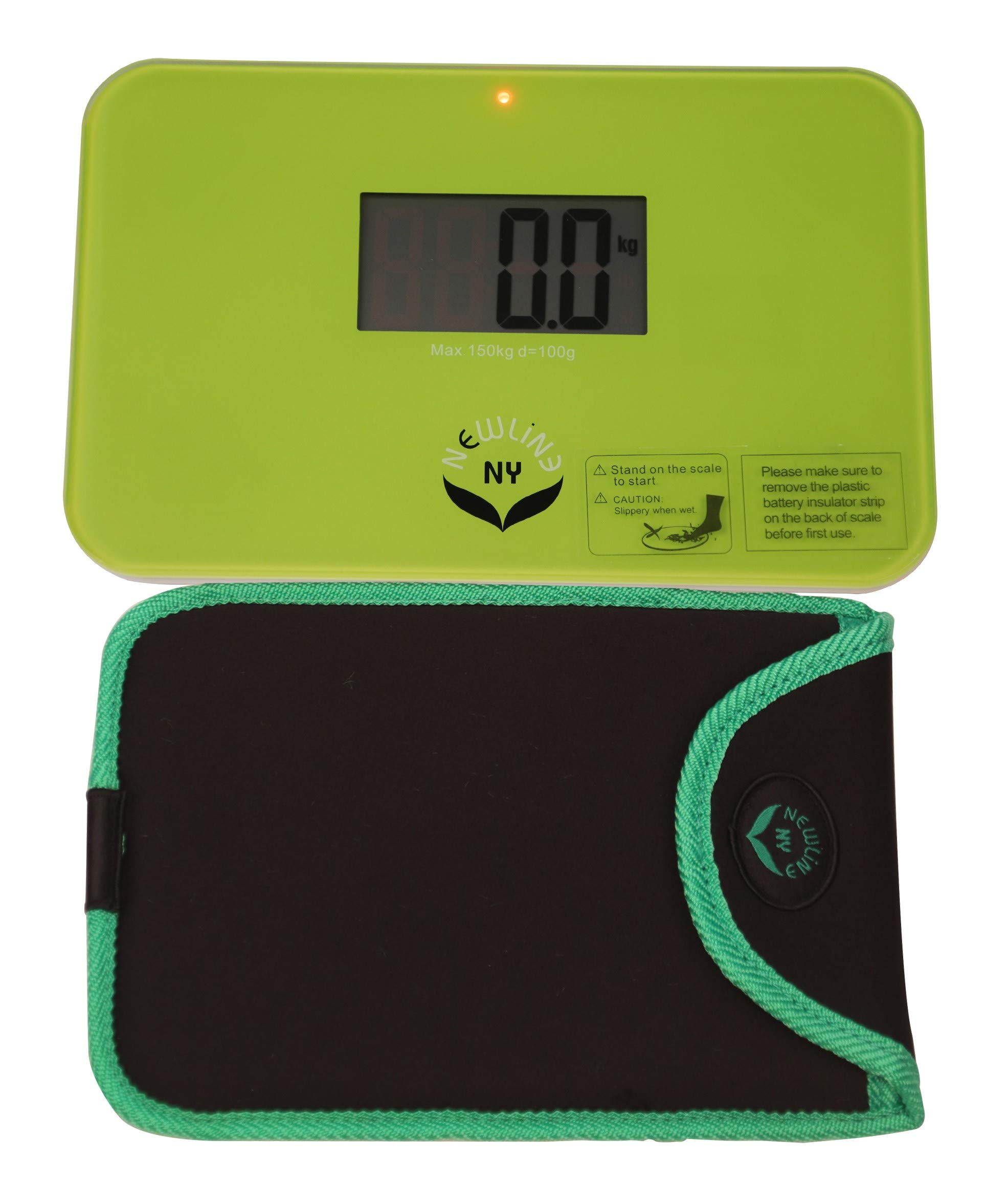 NewlineNY Step On Super Mini Smallest Travel Bathroom Scale with Trip Protection Sleeve: SBB0638SM-GN (Green) + NY-SMS-S001-BG