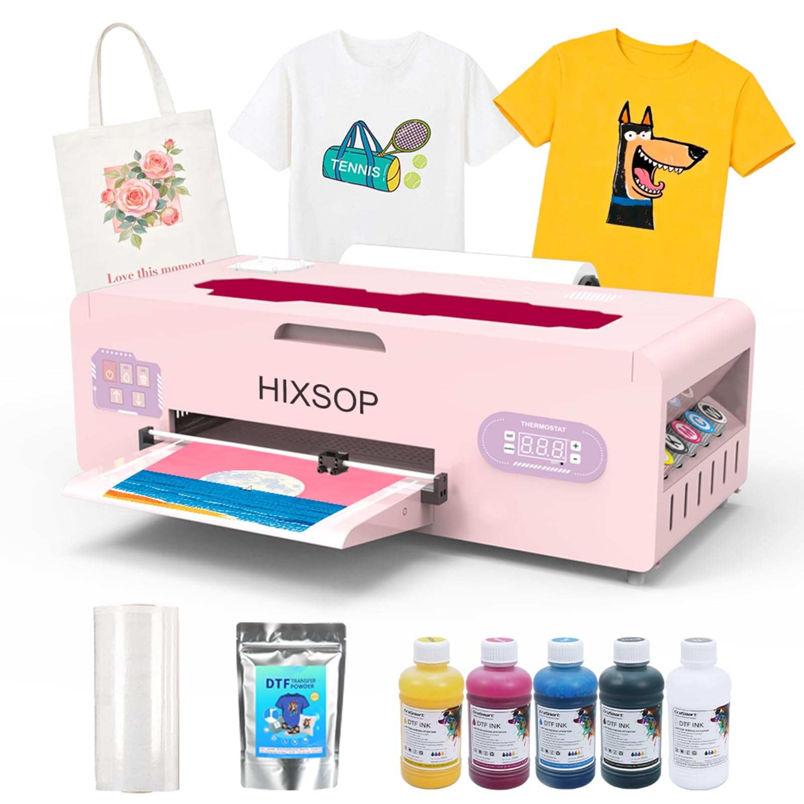 HIXSOP G13 Serie A3 1390 Máquina de impresión por transferencia DTF con alimentador de rollo, circulación de tinta blanca y limpieza semiautomática para confección de camisetas y diseño de ropa, rosa (impresora+película+software)