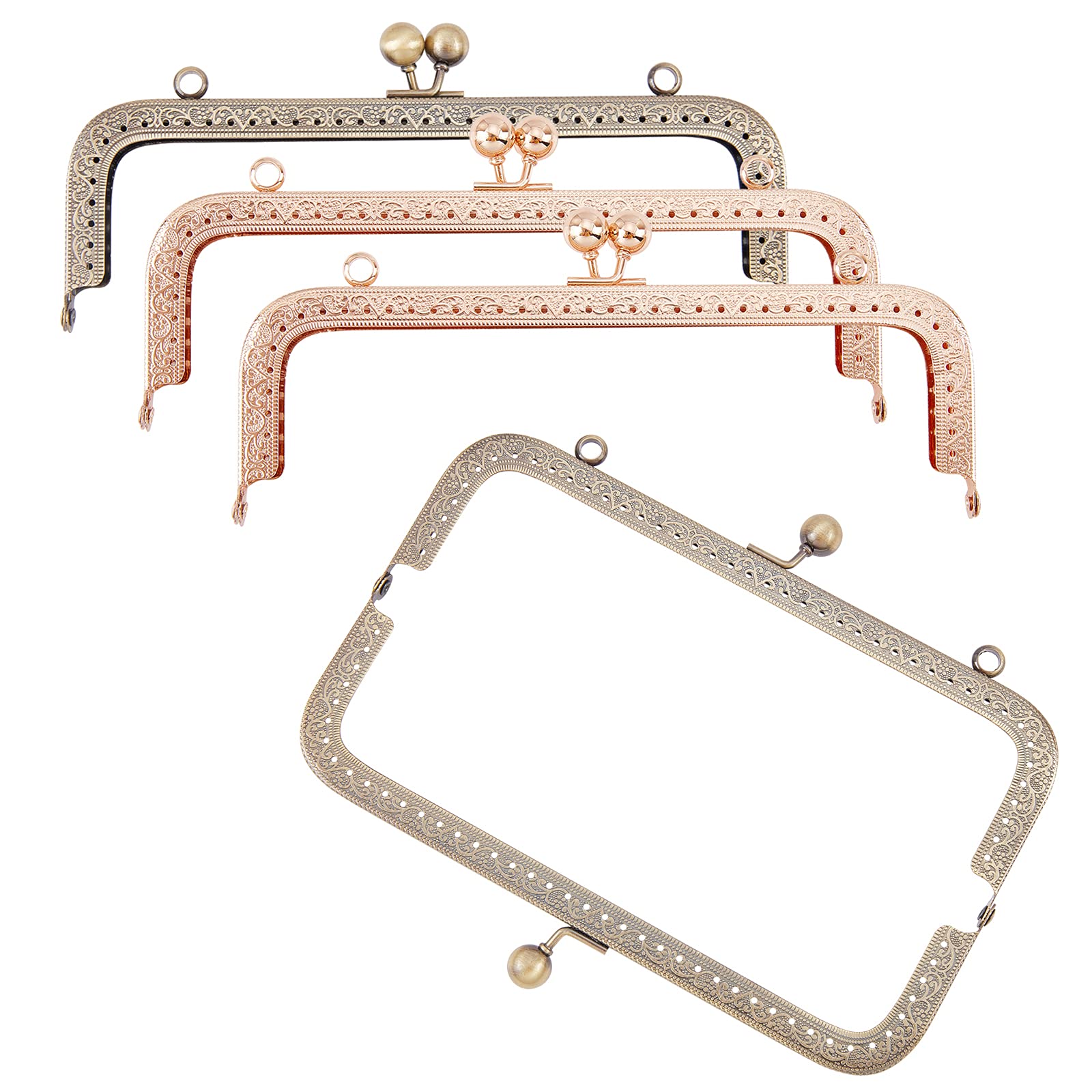 PH PandaHall 4 Pack Metal Purse Frame Kiss Clasp Lock 20cm/7.8inch Squared Bag Clutch Frame for DIY Craft Purse Bag Making, Antique Bronze/Light Gold