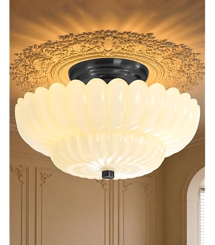 Rosient Semi Flush Mount Ceiling Light – 12 Inch Opal Milk Glass Globe, Brass Canopy, Farmhouse Style