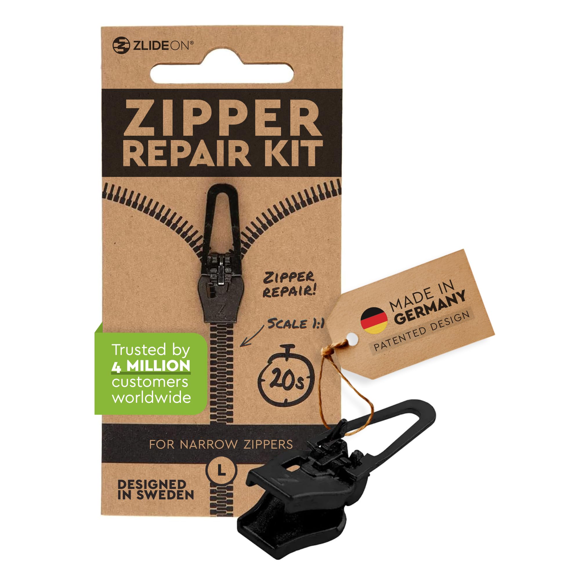 Zlideon Zipper Repair Kit for Narrow Zippers - 1pcs, Black (L/5) | Instant Zipper Pull Replacement Slider for Dresses, Bedding, Hoodies, Light Jackets, Sportswear | Easy to Install | Made in Germany — image 1