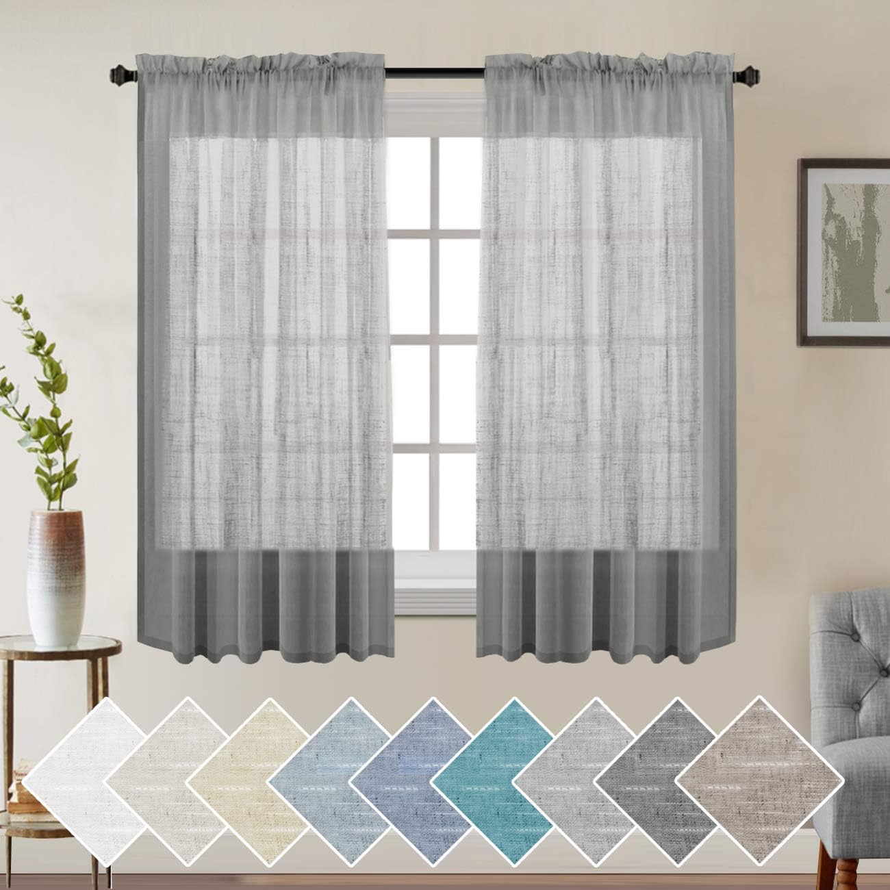 Natural Linen Sheer Curtains Soft 63 inches Semi Sheer Curtain Panels for Bedroom Linen Window Curtains Energy Efficient Semi - Sheers Linen Curtains Window Treatments Panels/Drapes (2 Panels, Grey)