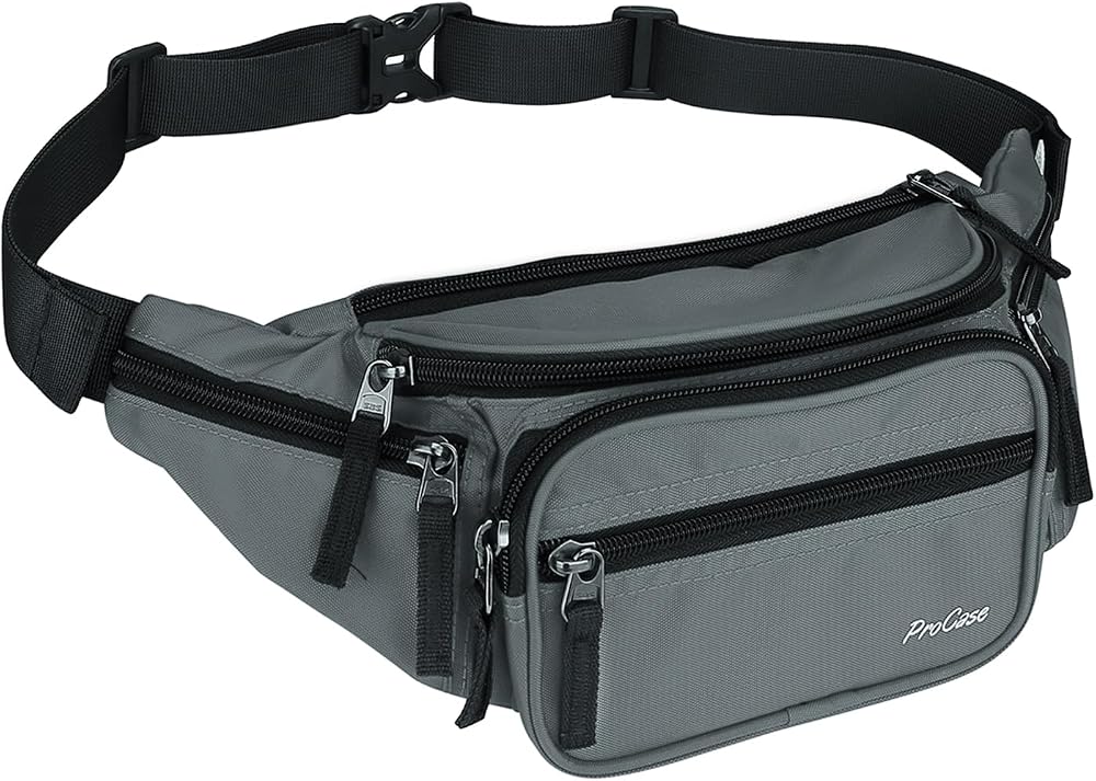 ProCase Bum Bag Waist Fanny Pack 6 Pockets Adjustable Belt Grey L