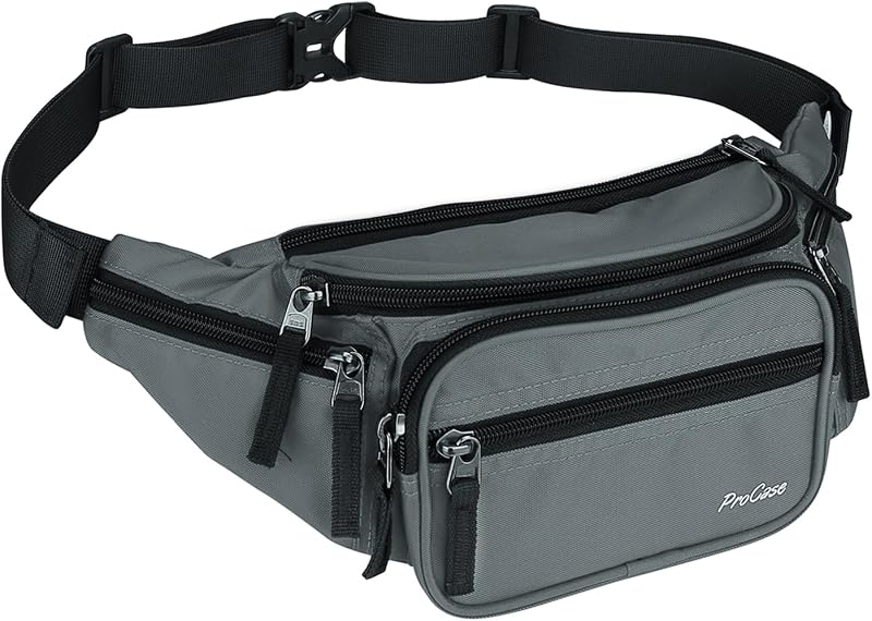 ProCase Bum Bag Waist Fanny Pack 6 Pockets Adjustable Belt Grey L