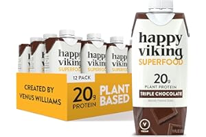 Chocolate Vegan Plant Protein Shakes by Happy Viking, Created by Venus Williams, 20g of protein, Omega-3, 9 Amino Acids and BCAAs, Gluten-Free, Non-GMO, Ready to Drink, Pack of 12 (11oz)
