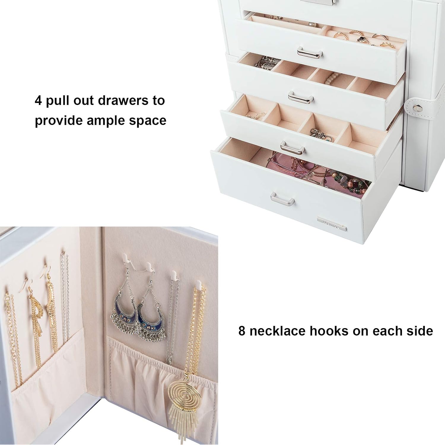 Homde Synthetic Leather Huge Jewelry Box Mirrored Watch Organizer Necklace Ring Earring Storage Lockable Gift Case (White): Home Improvement