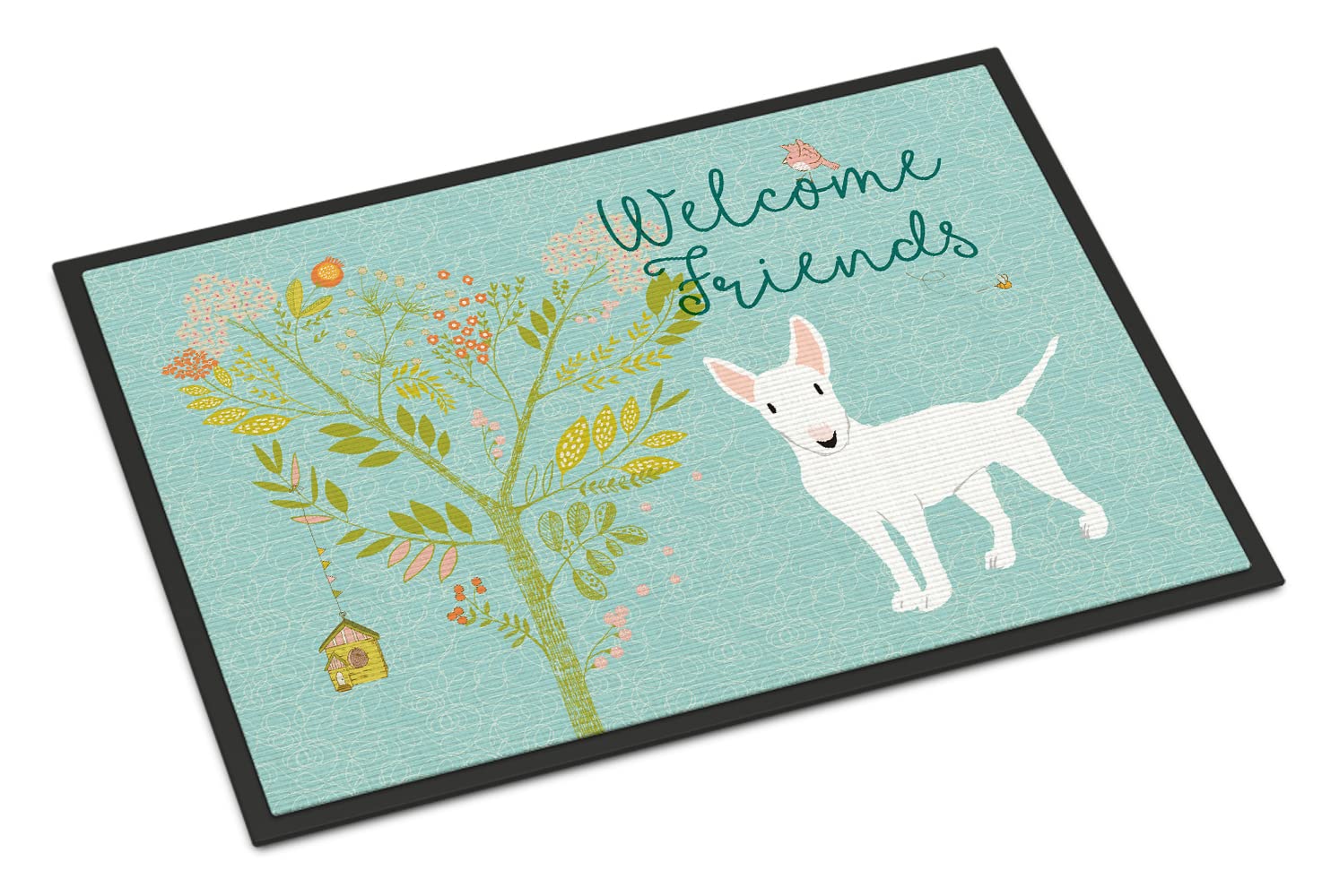 Caroline's Treasures BB7606JMAT Welcome Friends White Bull Terrier Doormat 24x36 Front Door Mat Indoor Outdoor Rugs for Entryway, Non Slip Washable Low Pile, 24H X 36W