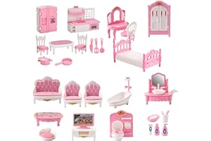 Dollhouse Furniture, 4 Sets Plastic Miniature Doll House Furnitures Set, Bedroom, Bathroom, Kitchen & Living Room Dollhouse A
