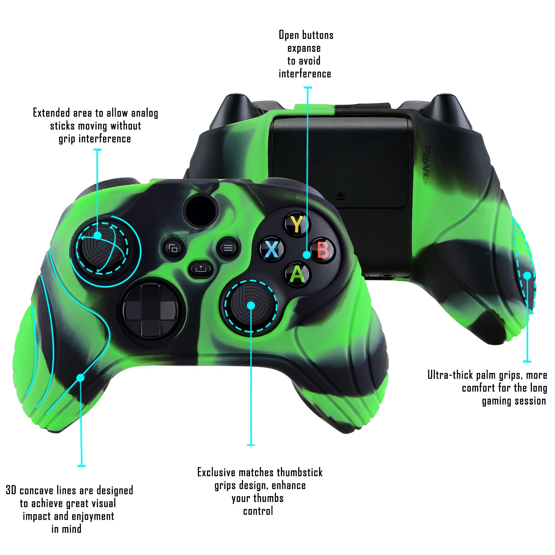 eXtremeRate PlayVital Samurai Edition Anti-slip Controller Grip Silicone Skin for Xbox Core Controller, Ergonomic Protective Case Cover for Xbox Series S/X Controller w/Thumb Grips - Green & Black