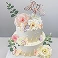 33pcs Flower Cake Topper Butterfly Cake Decorations with Artificial Rose Flowers Rhododendron Eucalyptus Leaves and Acrylic Happy Birthday Cake Topper for Birthday Party Wedding Baby Shower Supplies