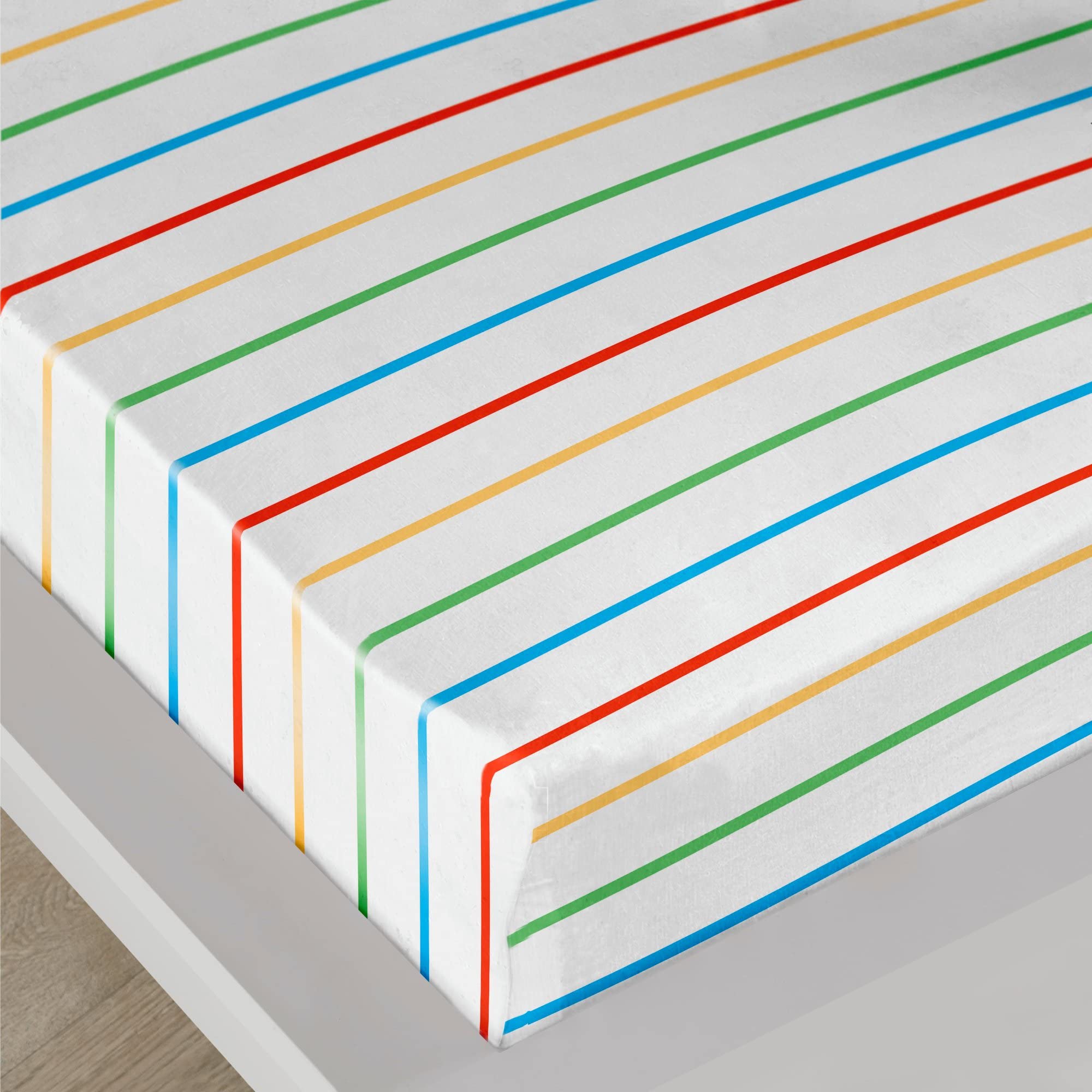 Bedlam - Rainbow Striped Bed Sheet - Single Fitted Sheet (190 x 90 x 28cm) - Rainbow Bedding - Multi-Colour Stripe Bed Sheet in White - Single Fitted Sheet with Stripes - Matching Bedding Available