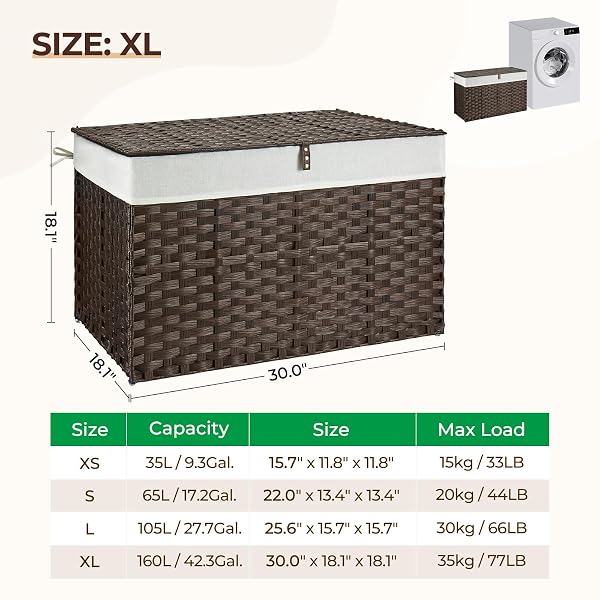 GREENSTELL STORAGE BASKET WITH LID, 42.3 GALLON(160L) LAGRE WICKER BLANKET STORAGE BASKET WITH HANDLES, FOLDABLE, 2 REMOVABLE LINER BAGS, METAL FRAME, FOR BEDROOM, LAUNDRY ROOM, BROWN, 30″*18.1″*18.1″