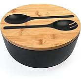 ShineMe Black Salad Bowl Set, 9.8inches Large Bamboo Fiber Salad Bowl With Lid and Utensils(Spoon & Fork), Solid Mixing Bowl For Serving Pasta, Fruits, Vegetables, Bread and Halloween Candy