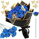 Riceshoot 25 Sets Ribbon Rose Bouquet DIY Fake Roses with Stems Faux Flowers Bouquet Kit Wrapping Paper Crown 3D Butterflies for Graduation Anniversary Birthday Wedding Gift(Blue)