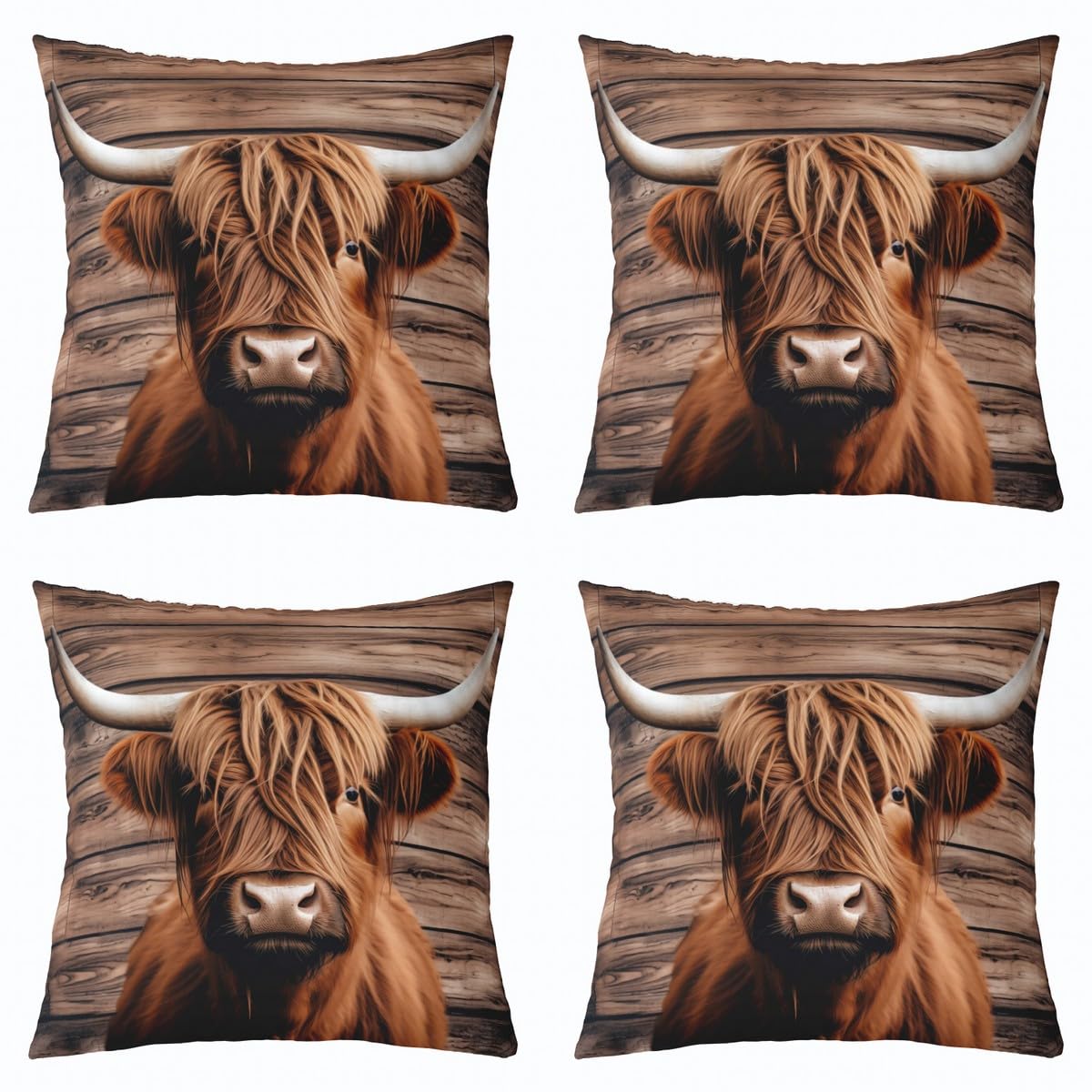 Homemissing Highland Cow Cushion Covers Highland Cattle Throw Pillow Covers Kids Boys Girls Brown Wooden Decor Pillow Covers Home Sofa Bed Couch Western Cowboy Style Pillowcases, 45x45cm Set of 4