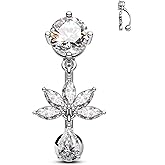 COCHARM Flower Dangle Belly Button Ring, 14G Gold Reverse Belly Button Piercing for Women, Surgical Steel Silver Navel Piercing Jewelry Hypoallergenic
