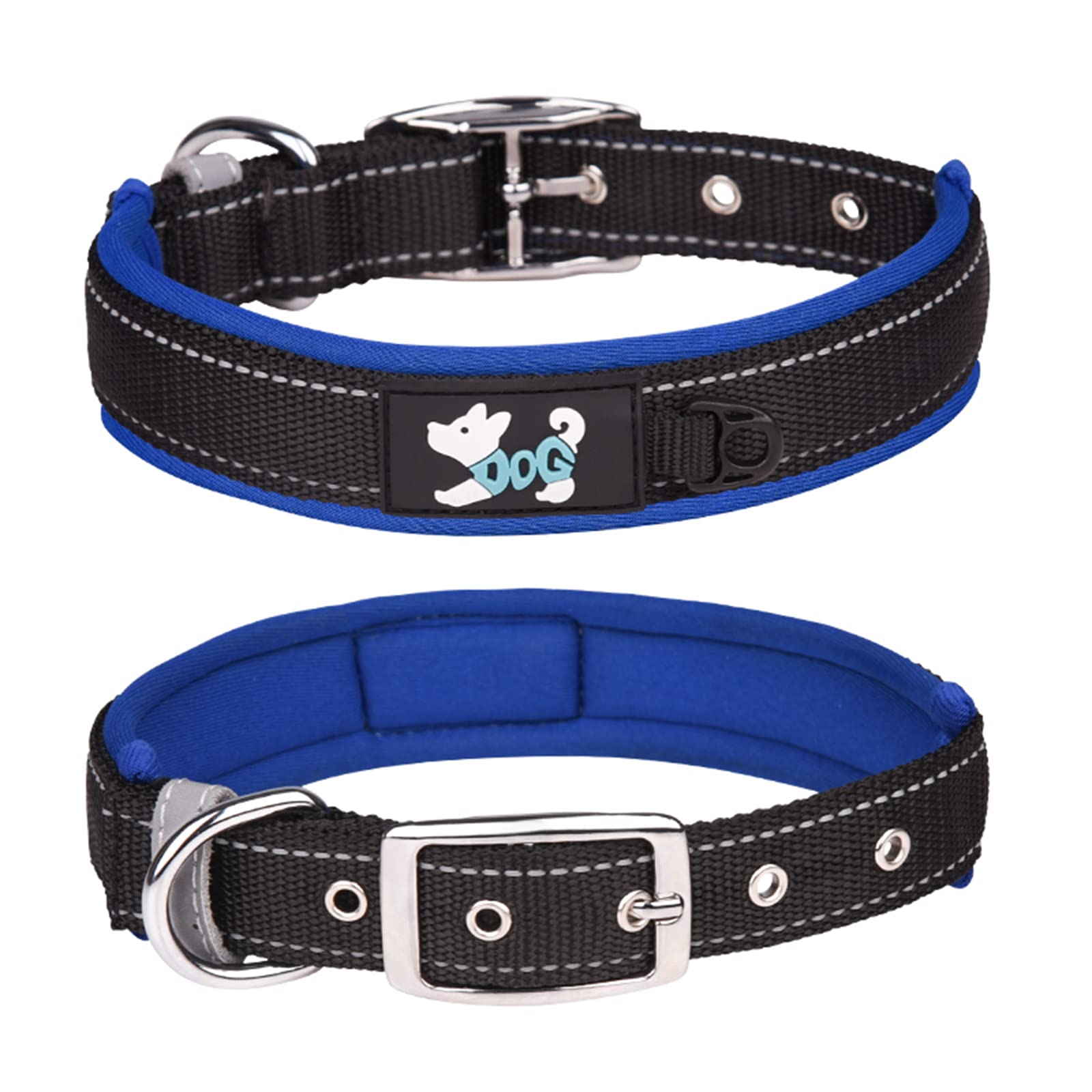 Haoyueer Comfortable Soft Neoprene Padded Dog Collar, Reflective Pet Collar, Adjustable Heavy Duty Nylon Dog Collar for All Breeds Large Dogs (L, Dark Blue)