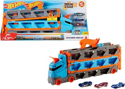 Hot Wheels Speedway Hauler Storage Carrier with 3 Cars & 6-Foot Track