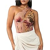 SweatyRocks Women's One Shoulder Floral Bodysuit Sheer Asymmetrical Sleeveless Cut Out Boho Leotard