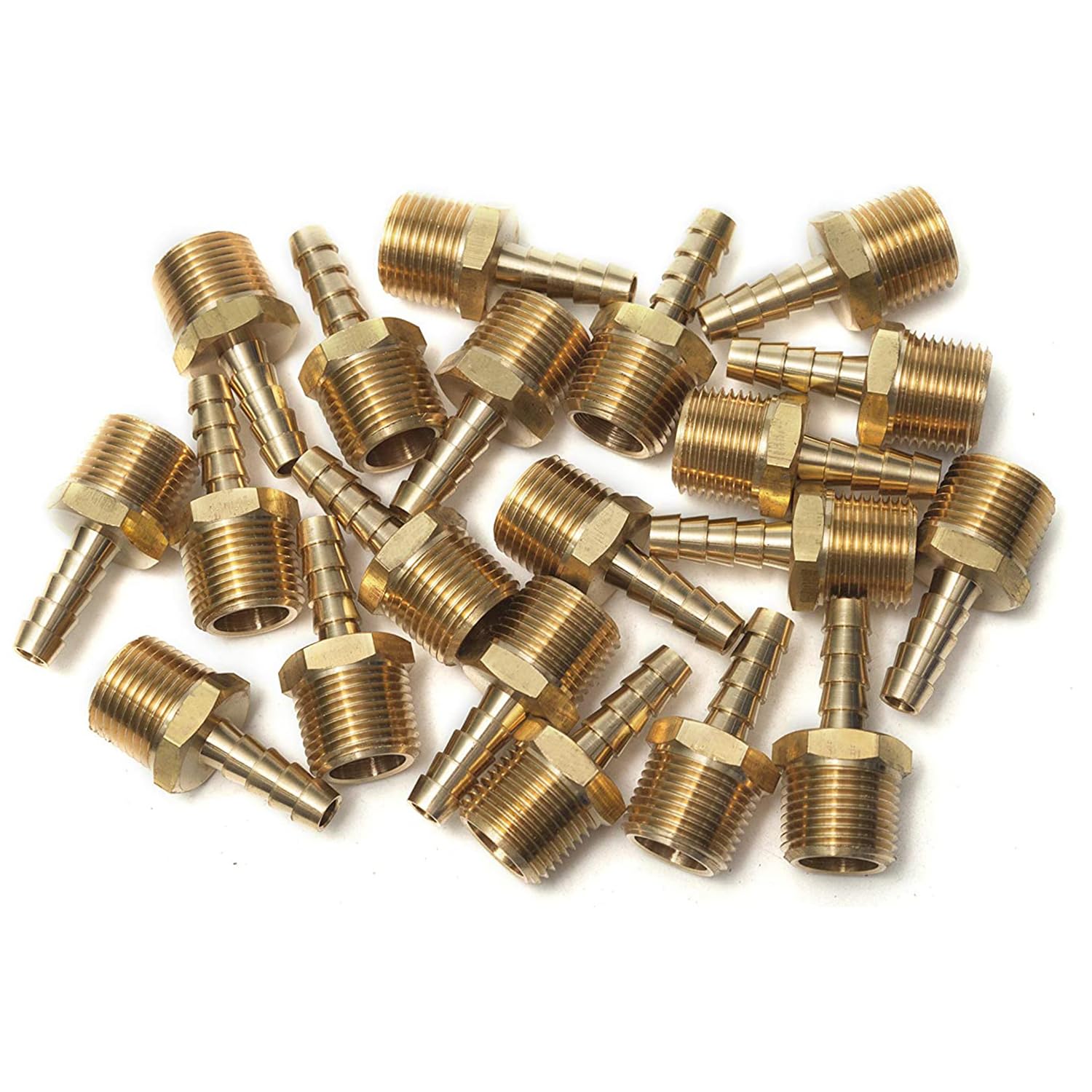 LTWFITTING Brass 3/8-Inch Male BSPT x 6mm Hose Barb Coupler Adapter Fitting for Vehicle Fuel System, HVAC System (Pack of 25)