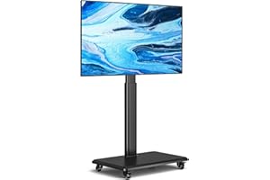 YOMT Floor TV Stand with Mount for 32-70 Inch Flat Screen/Curved TVs, Swivel Rolling Height Adjustable Portable TV Stand on Wheels, Modern Mobile Wood Base Black TV Stand for Bedroom Home Office