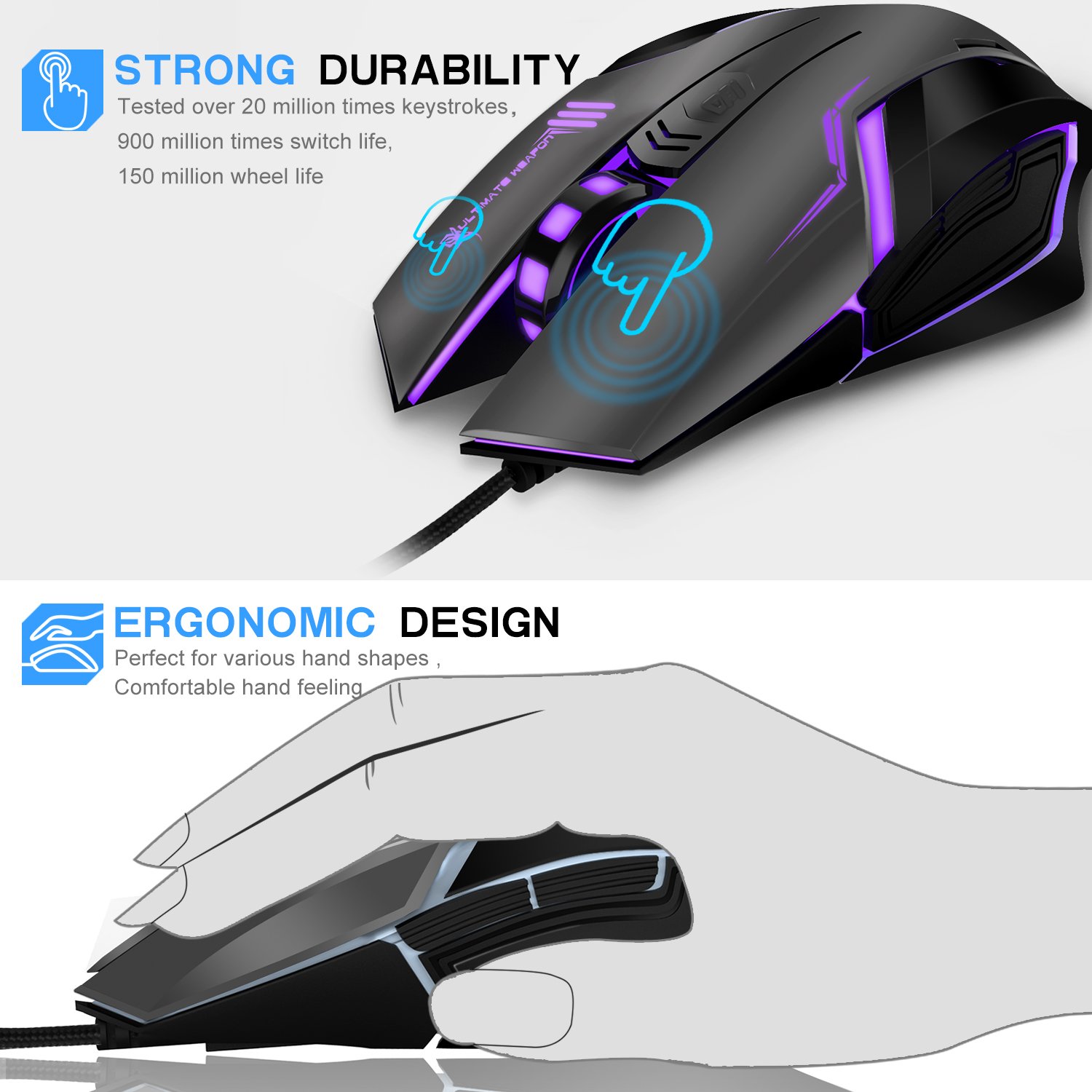 Gaming Mouse, LDesign 3200DPI Wired Gamer Mice ACC Optical Ergonomic with 4 Adjustable DPI Switch, 7-Color Breathing Light, High Accuracy Computer Mice Plug and Play (Grey/Black)