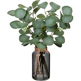 Artificial Eucalyptus Stems Fake Plants in Glass Vase with Faux Water | 14" Fake Plant Eucalyptus Leaves in Black Vase for Ho
