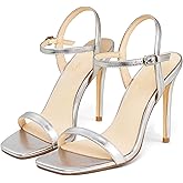 Elisabet Tang Women's High Heeled Sandals 4 Inch Strappy Sling Back Stiletto Open Square Toe Heels with Ankle Straps at Wedding Party Prom Work Dating Silver Size 7