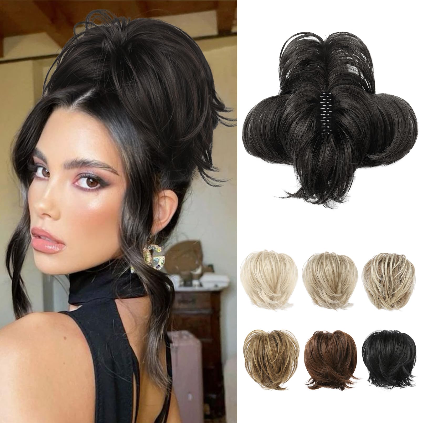 REECHO Messy Bun Hair Piece, Claw Clip Hair Bun Short Ponytail Extension with Bendable Metal Wire Fake Bun Hair Pieces for Women - Black Brown — image 1