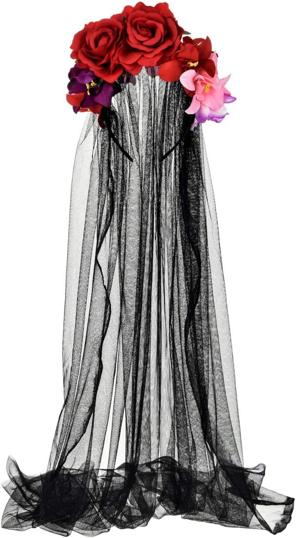 Day of the Dead Headpiece Rose Floral Crown Halloween Costume Mexican Headband with Veil (Red Pink Black Veil)