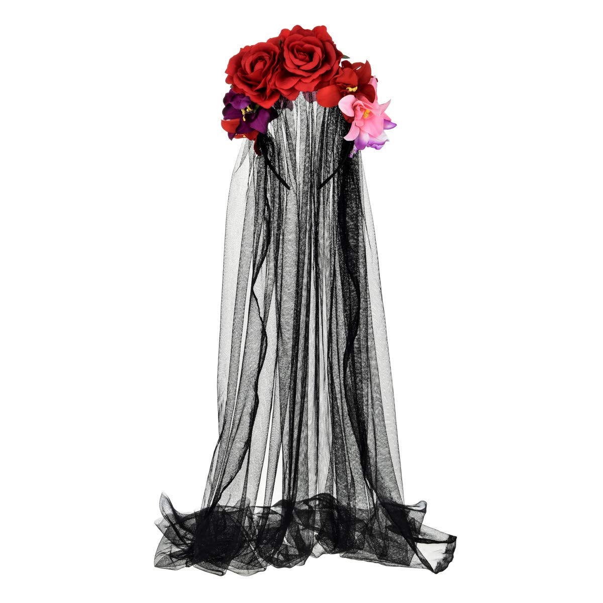 Day of the Dead Headpiece Rose Floral Crown Halloween Costume Mexican Headband with Veil (Red Pink Black Veil) — image 1