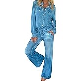 Womens Denim Dreams Pajama Set,Relaxed Wide-Leg Pants & Button Down Shirts,Jean Pajamas for Women,Stretch Lounge Wear
