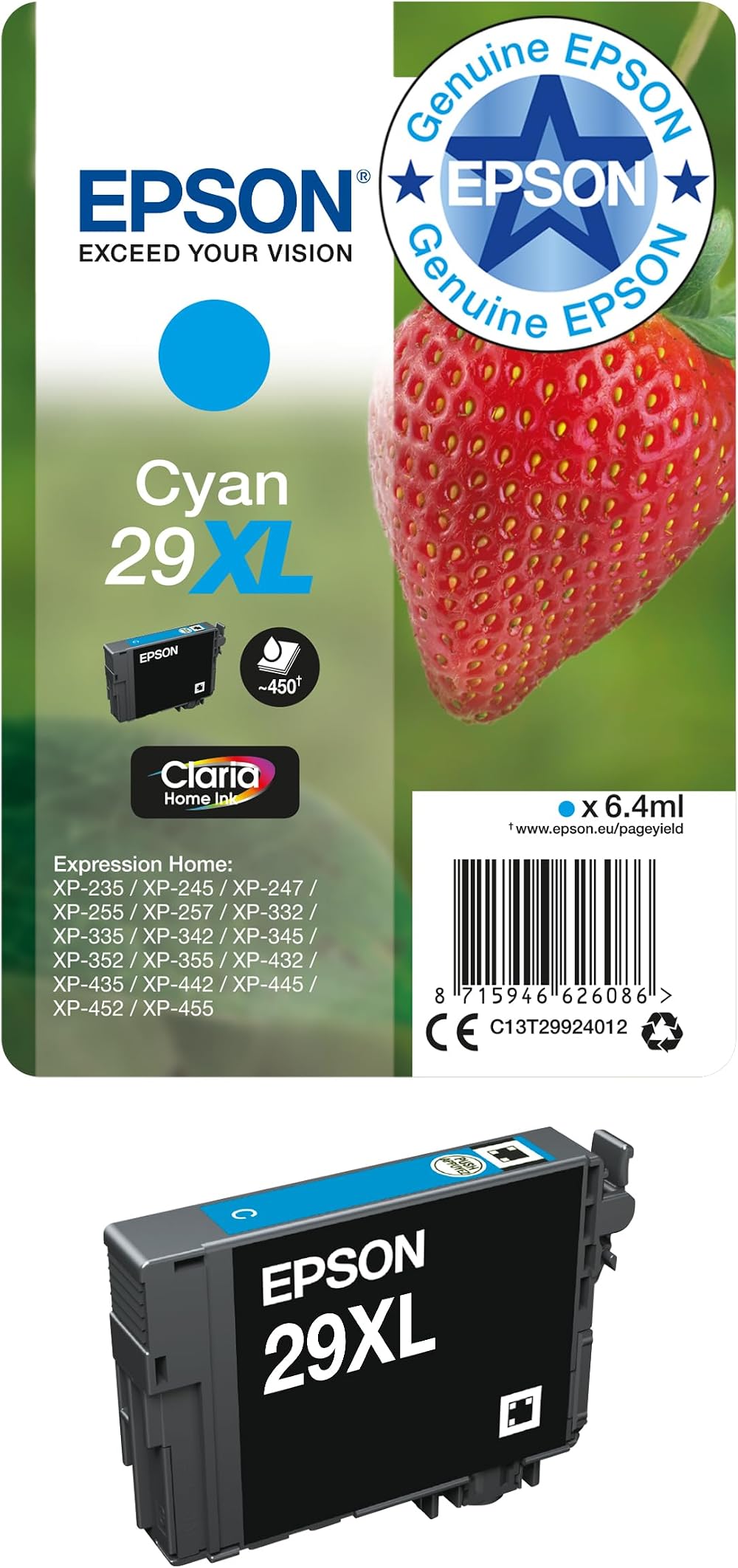 Epson 29XL Cyan Strawberry High Yield Genuine Claria Ink