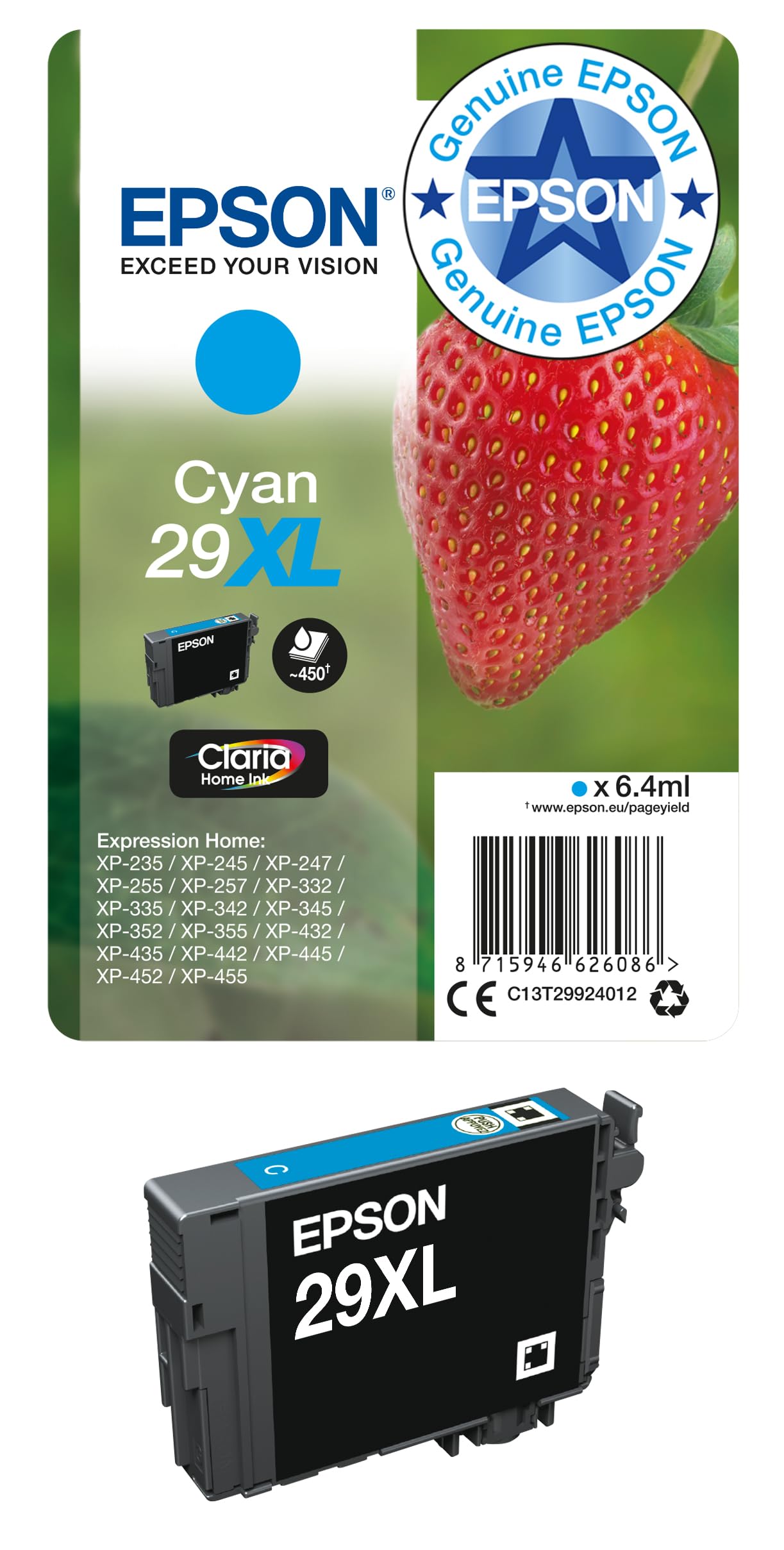 Epson 29XL Cyan Strawberry High Yield Genuine, Claria Home Ink