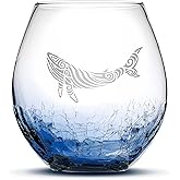 Integrity Bottles Tribal Whale Design Stemless Wine Glass, Handmade, Handblown, Hand Etched Gifts, Sand Carved, 18oz (Crackle Blue)