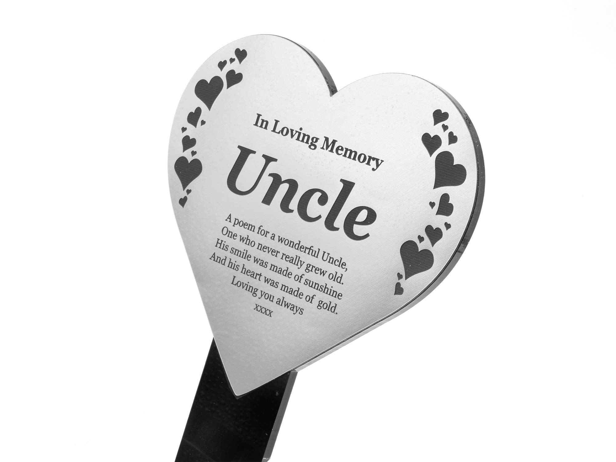 OriginDesigned Uncle Heart Memorial Remembrance Plaque Stake - Gold/Silver/Copper/Black & White, Waterproof, Outdoor, Grave Marker, Tribute, Plant Marker (Silver)