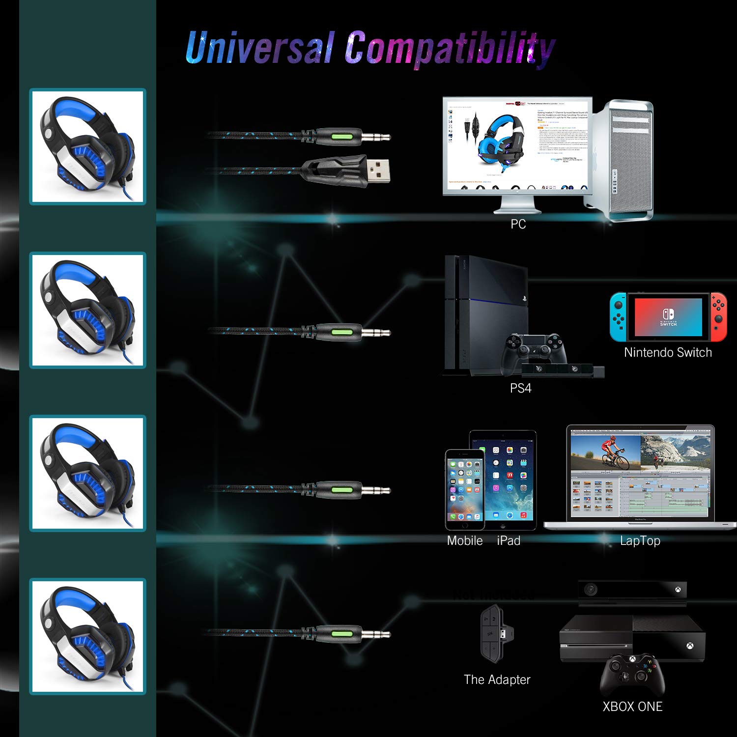 CHEREEKI Cuffie da Gaming,Cuffie da Gioco con Microfono e Illuminazione a LED per PS4 , Xbox One, PC, Nintendo Switch, Laptop, Tablet