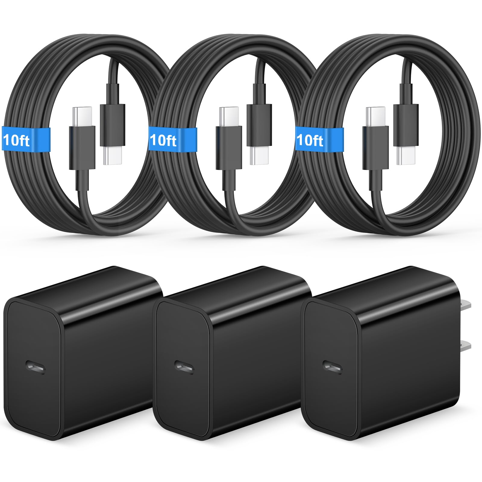 New iPhone 17 16 15 Charger Fast Charging 10FT Long Type C to C Cable with 3 Pack USB C Wall Charger Block Compatible with iPhone 17/17 Pro/17 Pro max/Air, iPhone 16 15 Pro Max/Plus, iPad Pro,Samsung