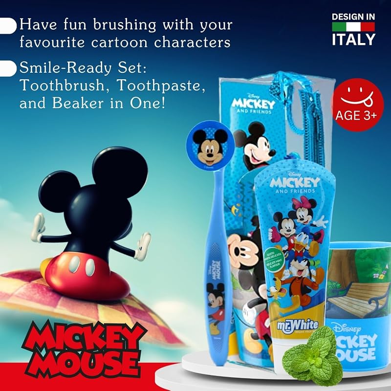 Mr.White Mickey Mouse - Juego de bolsas para niños, ideal para viajes, incluye cepillo de dientes manual con ventosa, tapa de viaje, pasta de dientes con sabor a menta suave para niños, 75 ml, y 1