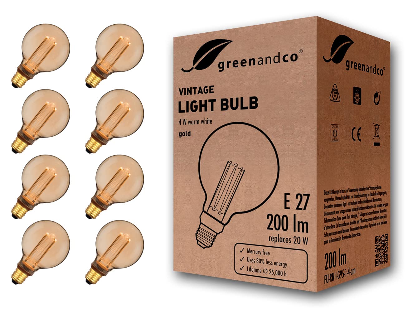greenandco 8X Decorative LED Vintage Light Bulb | E27 G95 | Amber | 4W 200lm | 1800K Extra Warm White | 320° | 230V | Flicker Free | Not Dimmable — image 1