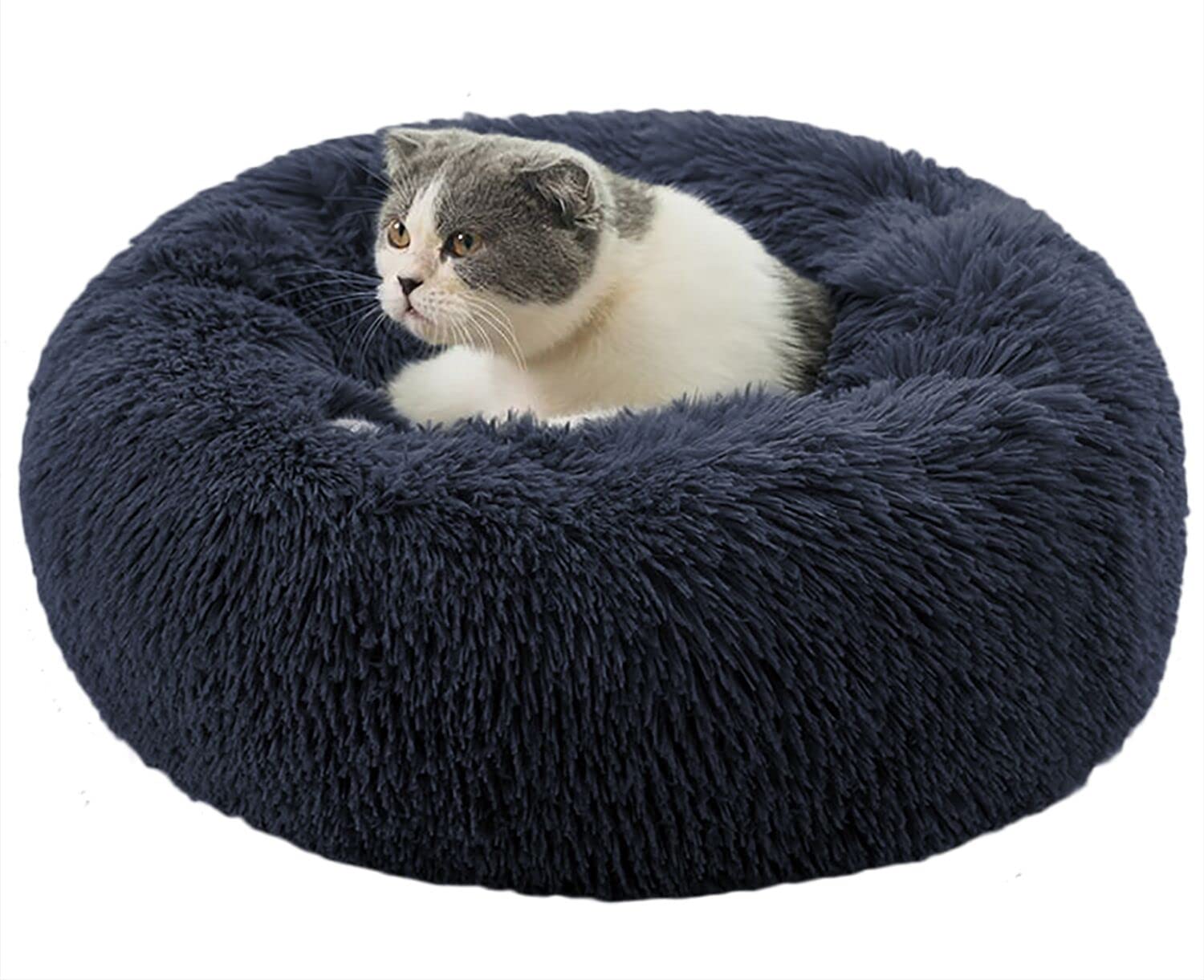BinetGo Dog Bed Cat Bed Cushion Bed Faux Fur Self-Warming Cat and Dog Bed Cushion for Joint-Relief and Improved Sleep - Machine Washable, Waterproof Bottom 18 x 18 x 5.5-Inch (Navy Blue)
