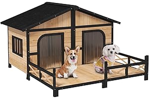 PawHut Wooden Large Dog House Outdoor Double XL Dog Kennel with Elevated Floor and Porch, Weatherproof Puppy Shelter for Small and Medium Breed Dogs, Natural