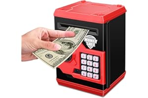Renvdsa Electronic Password Piggy Bank Cash Coin Can Auto Scroll Paper Money Saving Box Toy for 6 7 8 9 10 11 12 Years Old Kids Gifts (Black red)