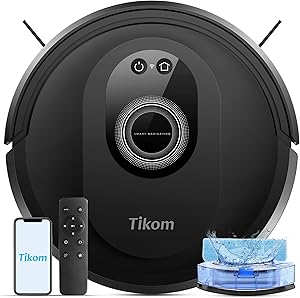 Tikom Saugroboter mit Wischfunktion 2 in 1, G8000 Max Staubsauger Roboter, 5000Pa Starke Saugkraft Roboterstaubsauger, Selbstaufladend, WLAN, 150Mins Max, Ideal für Tierhaare, Teppich, Hartboden