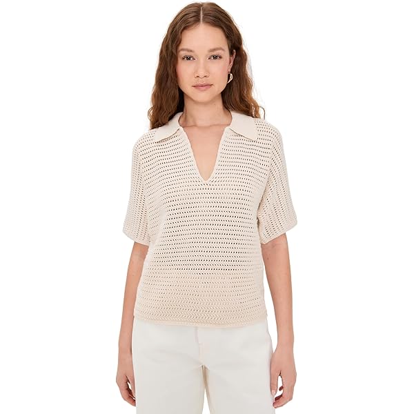 Vince Women's Macrame Stripe Henley Tee, Off White Combo