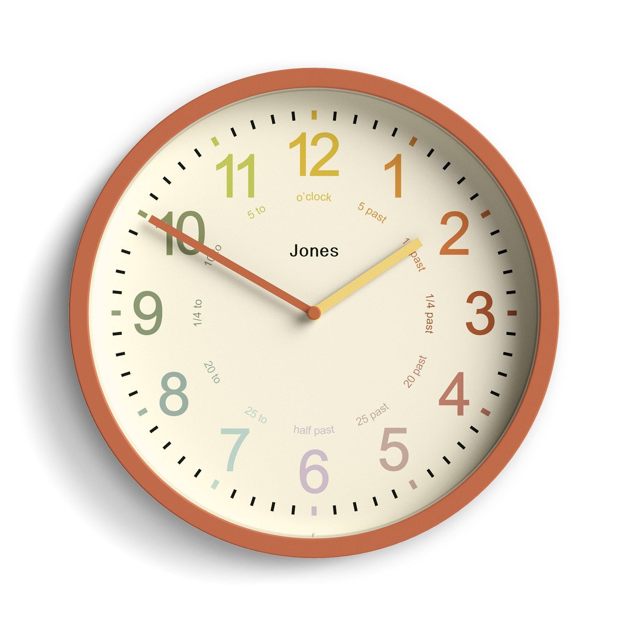 Jones Clocks® Kids wall clock | Small modern children’s nursery clock | 25cm | Terracotta Orange | Colourful dial for learning to tell the time