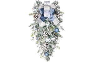 ARBORUS 30" Christmas Teardrop Swag for Front Door Artificial Winter Swag Garland with Pine Cones, Berry Clusters, Blue Ball Ornaments and Ribbons for Thanksgiving Holiday Christmas Decoration