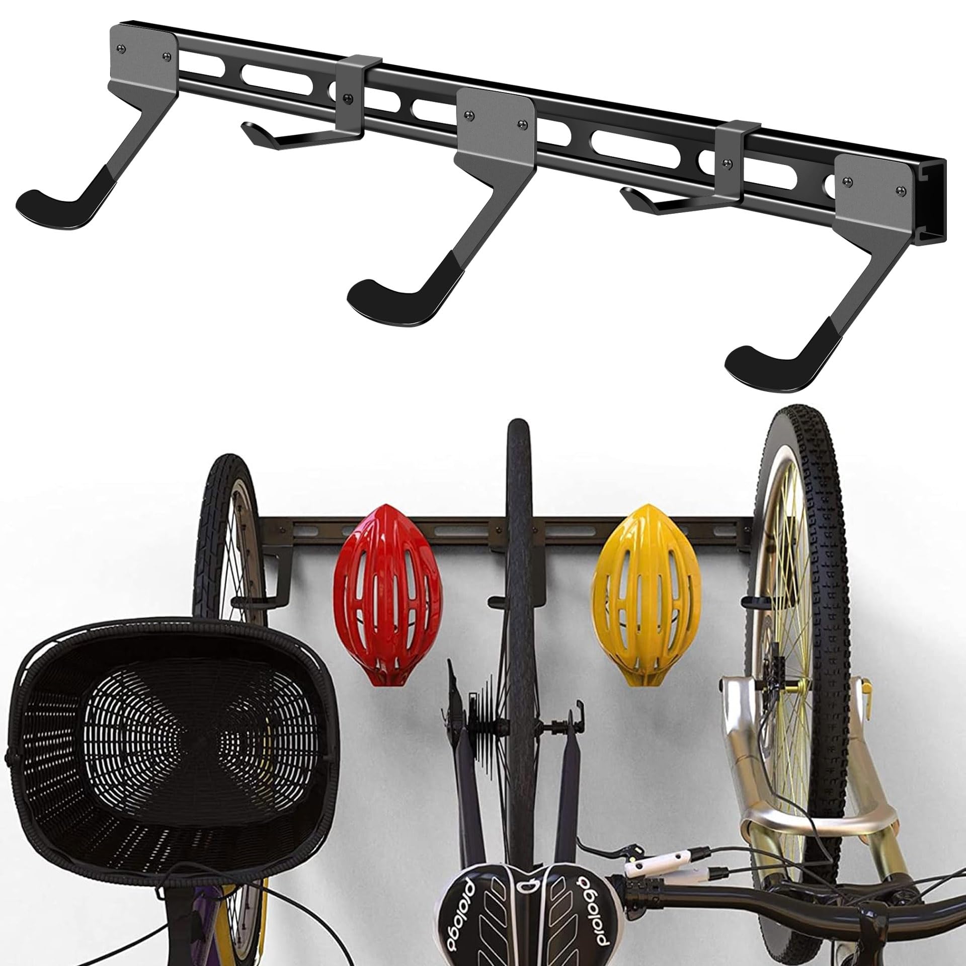 Mimoke Adjustable Bicycle Wall Mount for Vertical Storage for Multiple Bikes, E-Bike, MTB & Road Bike, Non-Slip Hooks (for Intensive Use, Space for 3 Bikes)